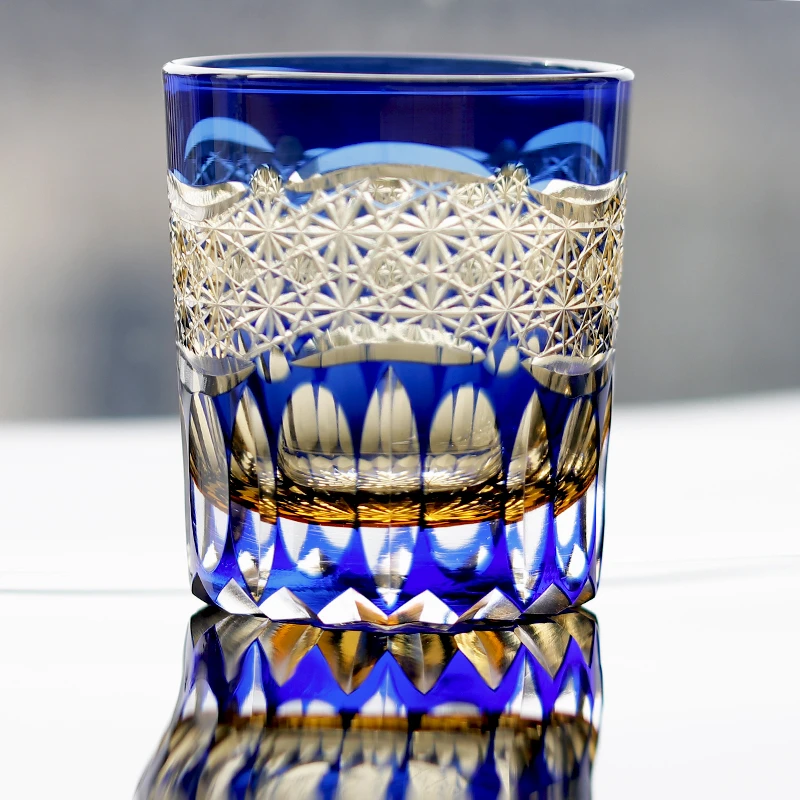 金致江户切子手工雕刻威士忌水晶玻璃酒杯三套色祥云曙光日式威杯