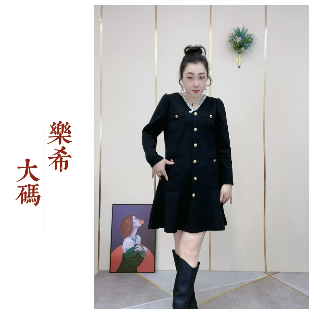 乐希大码欧美秋冬大码女装爆款修身显瘦年轻长袖高级重工连衣裙