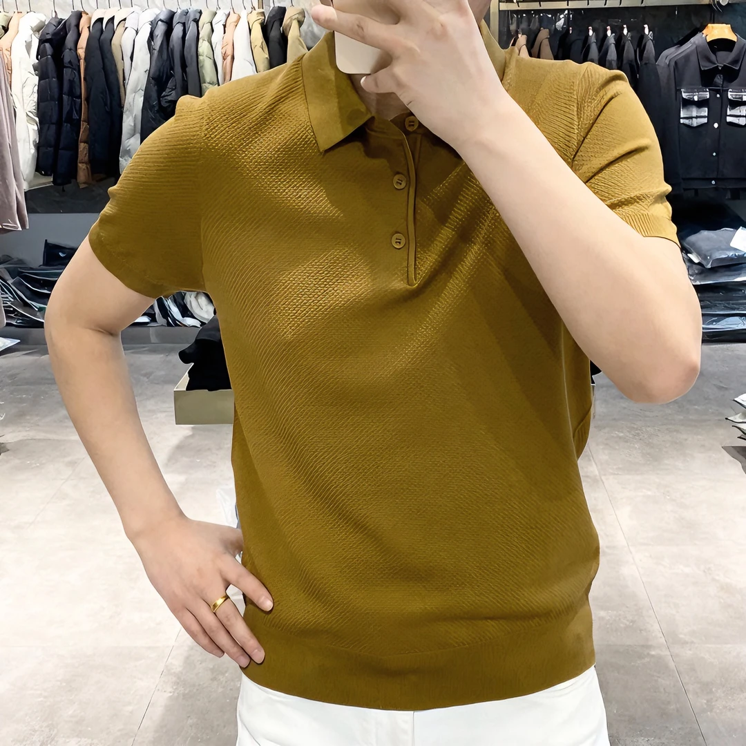 【新季爆款】菠萝纹翻领秋季纯色短袖休闲商务男士爆款针织POLO衫男