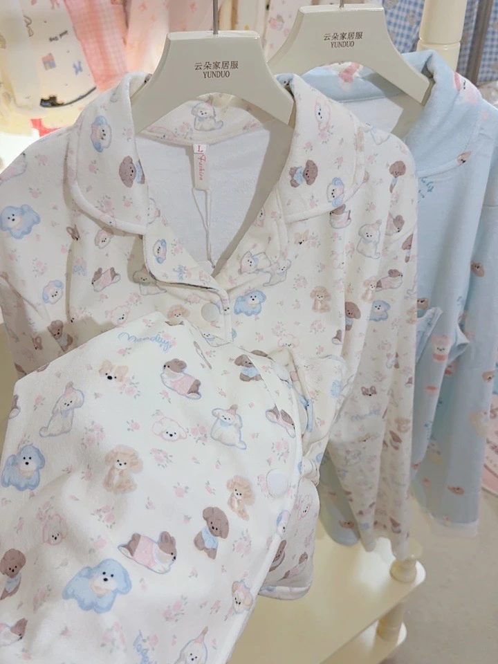 【甜心少女】北方暖气可穿 海岛绒软fufu 奶油小狗&奶蓝小熊睡衣女