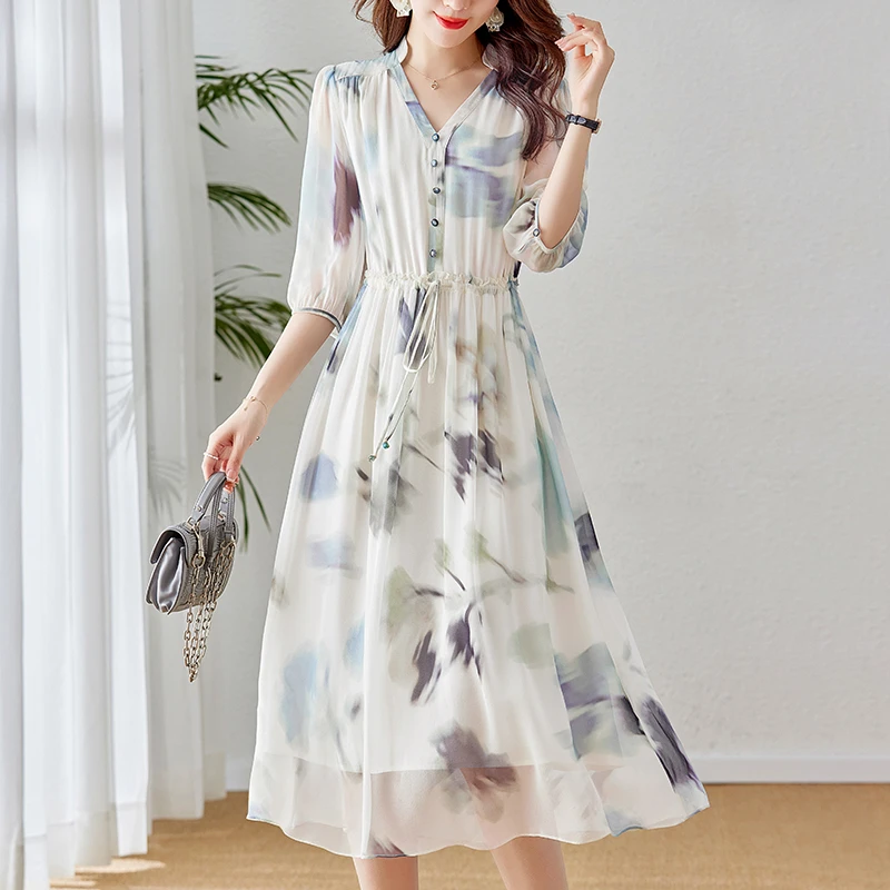 【富春】水墨佳人100%桑蚕丝真丝中长款印花连衣裙82393626