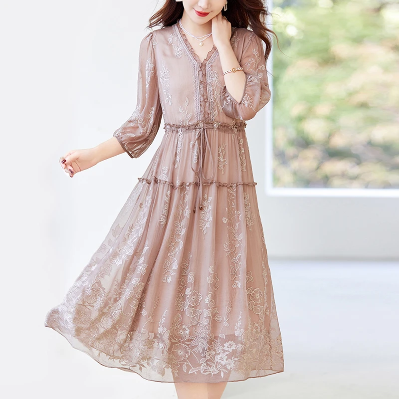 100%桑蚕丝真丝夏季收腰显瘦长款女装连衣裙82496918