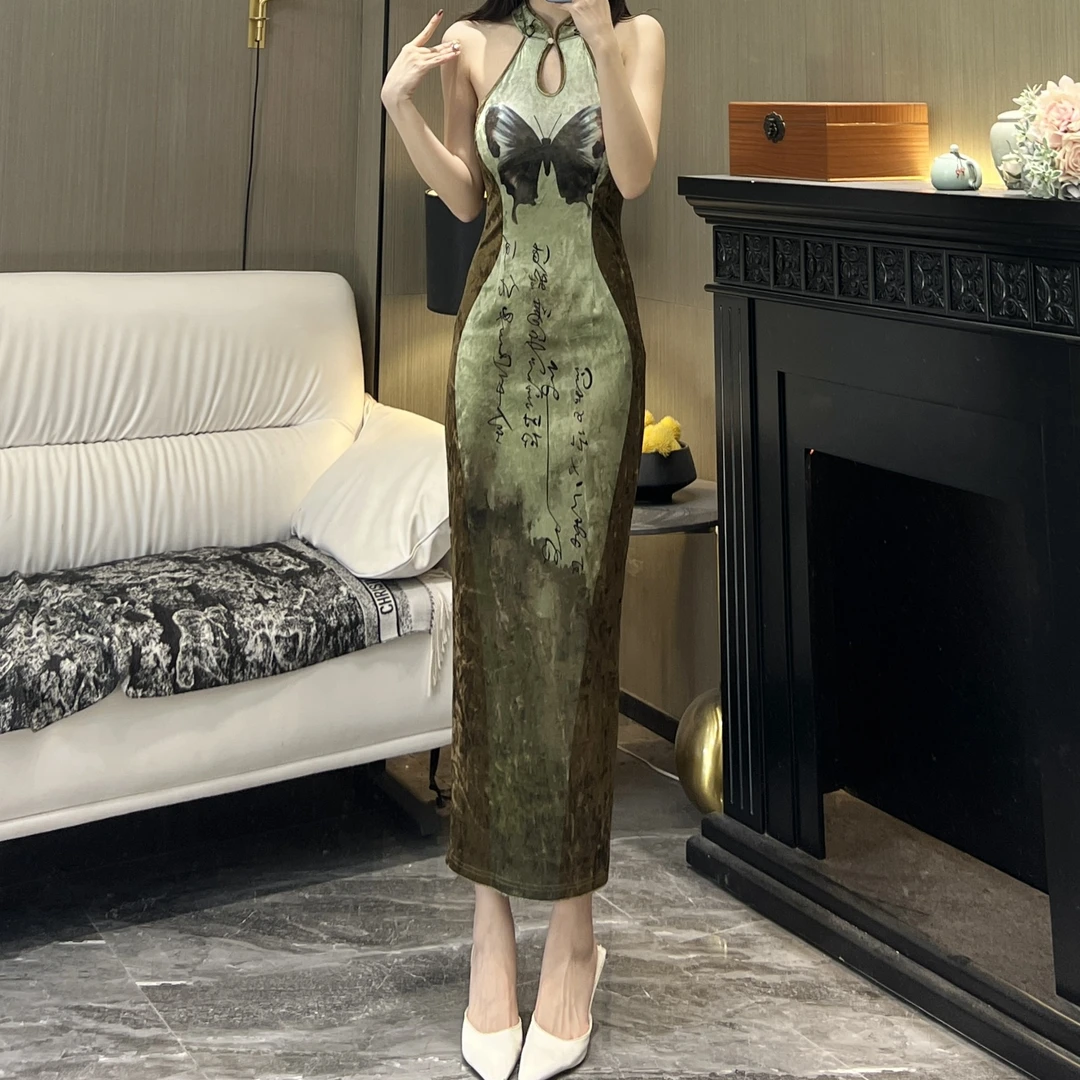 气质女人味轻奢立领无袖定位花青书墨晚显瘦时尚百搭后开衩连衣裙