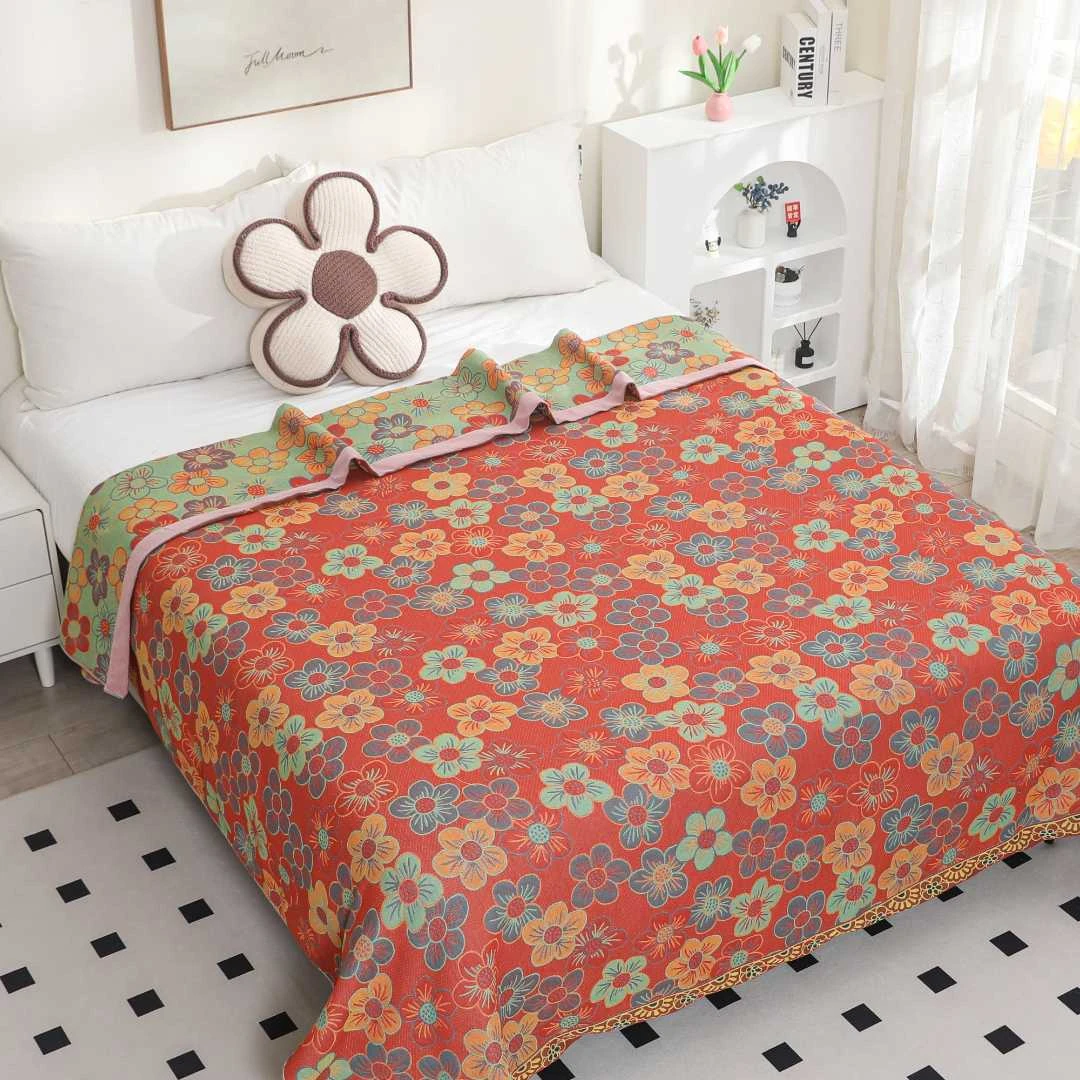 桃花朵朵230cmX250cm多层纯棉纱布盖毯透气加大码厚床盖毛巾被