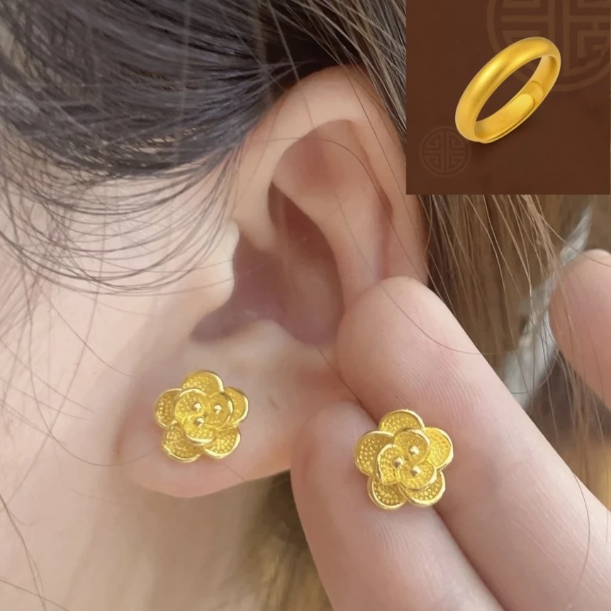 【花花耳钉】5D立体雕刻花花耳钉赠古法磨砂时尚戒指