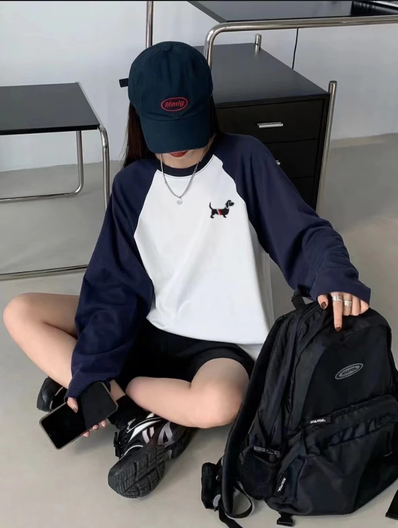 2025刺绣春季新款纯棉百搭撞色插肩袖圆领长袖T桖打底衫-刺绣狗