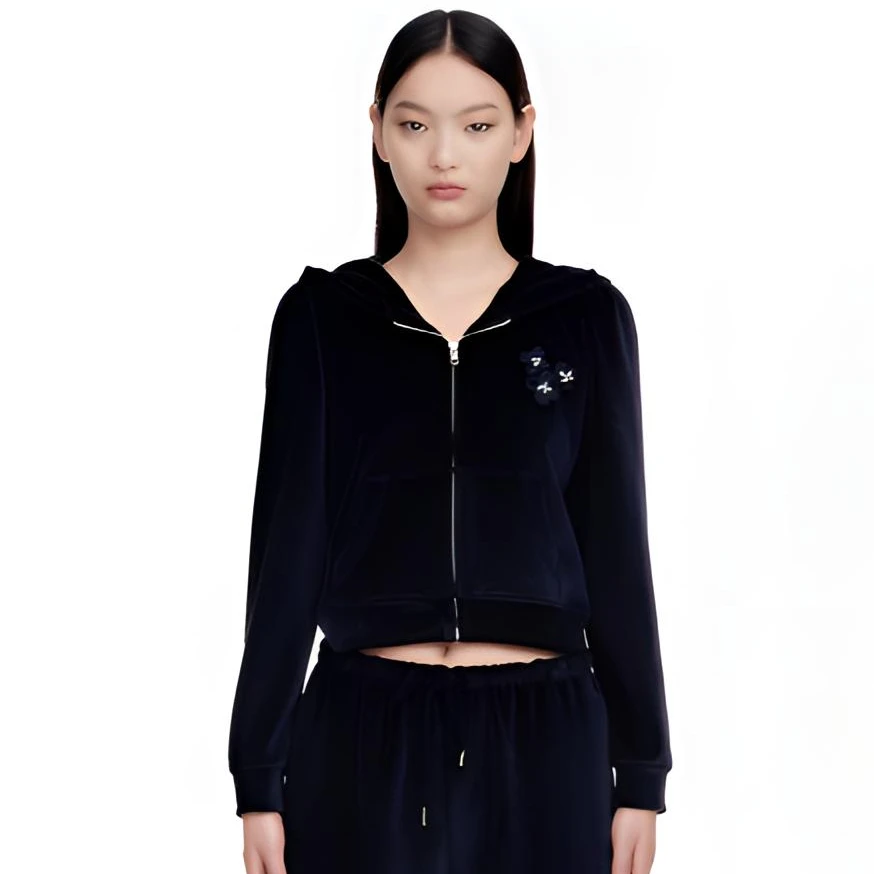 HERLIAN 2024年秋季新品女士藏蓝色丝绒连帽外套女款短款时尚2062