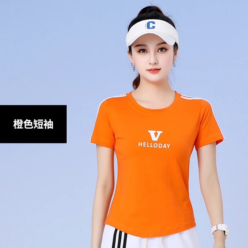 2024夏季新款广场舞休闲修身显瘦圆领T恤印花三条杠短袖上衣