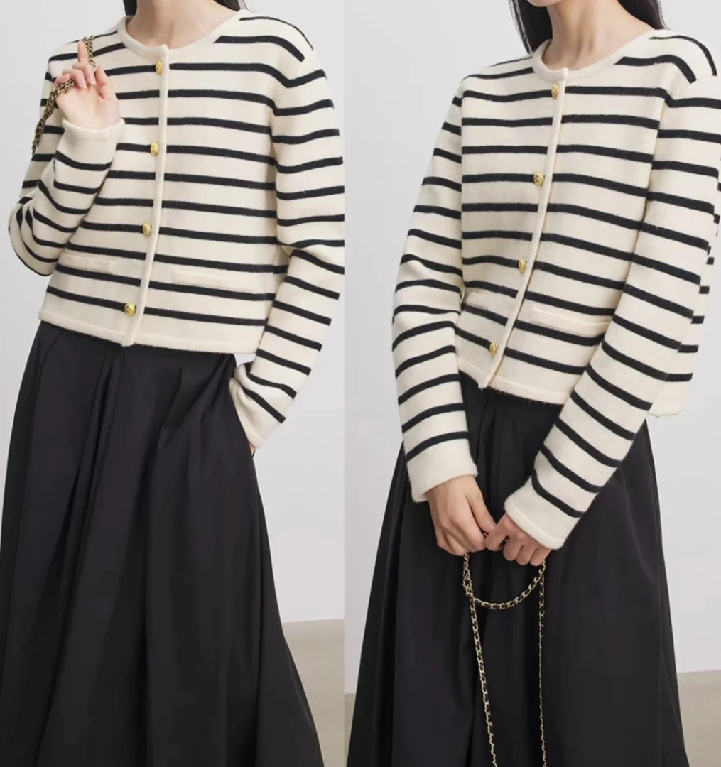 黑白条纹羊毛开衫2023早秋新款气质小香风针织外套上衣-8251