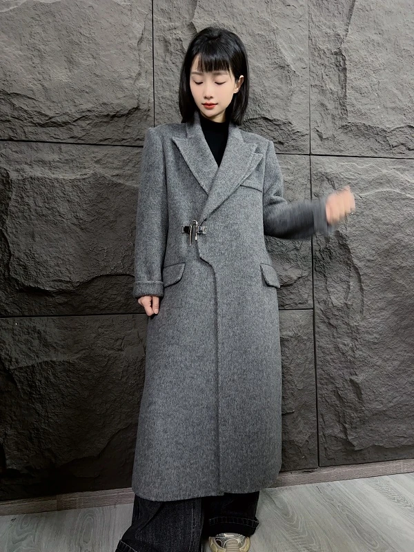 冬季网红宽松双面尼大衣灰色毛呢长款贵妇战袍灰色长大衣气质