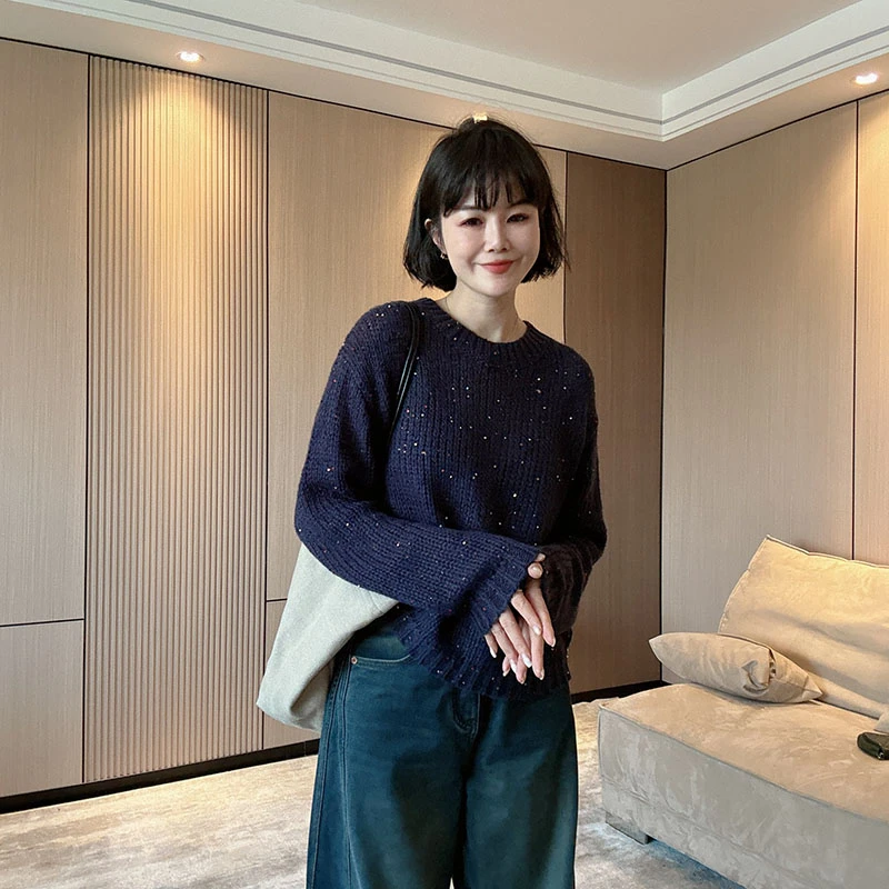 韩系纯色圆领套头长袖宽松重工亮片套头毛衣