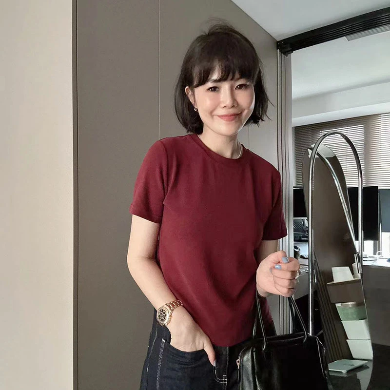 春秋加厚小众纯色T恤洋气百搭圆领ins显瘦正肩内搭外穿短袖T恤