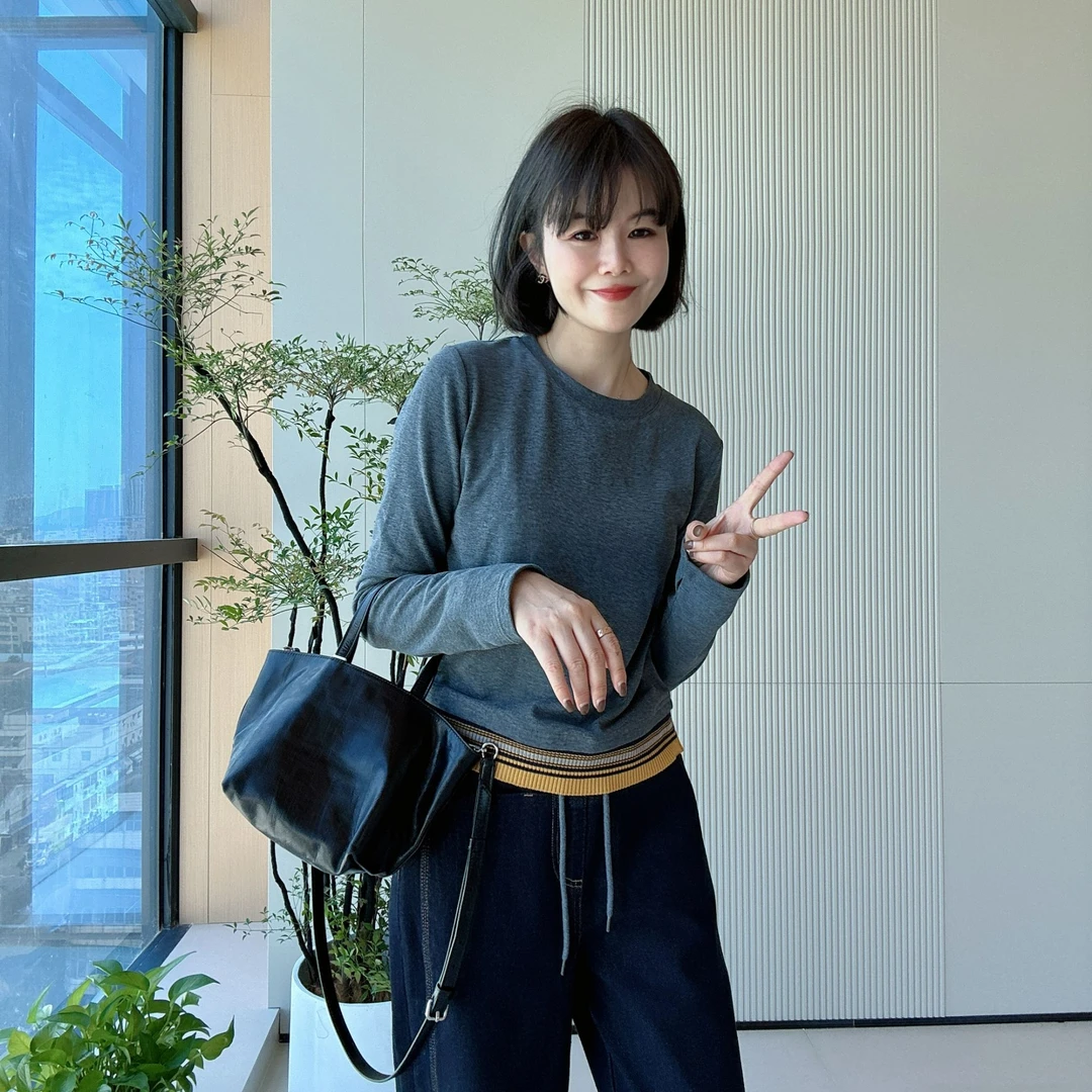 秋冬磨毛加厚彩条拼色时尚圆领拼接长袖T恤打底衫