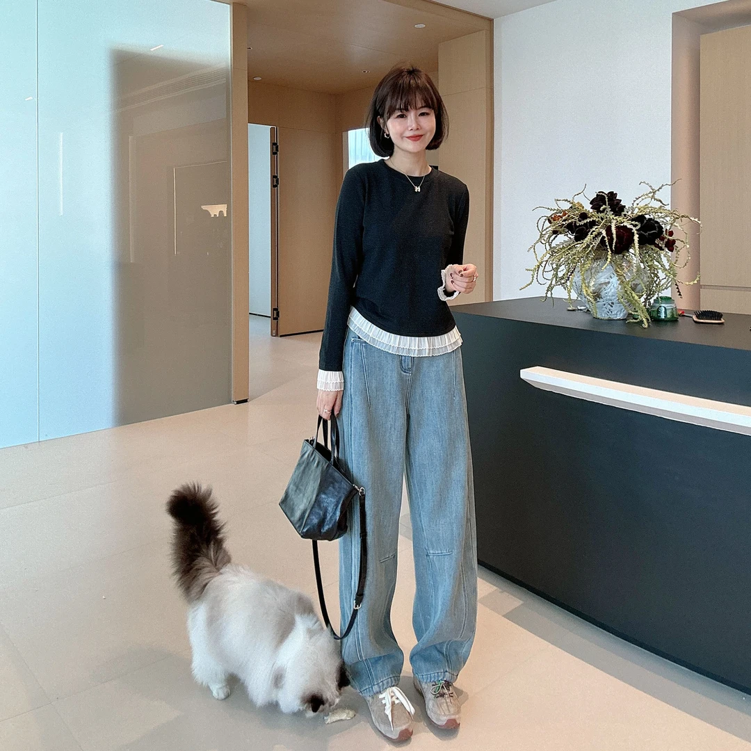 加绒秋冬牛仔裤高腰宽松松紧腰浅蓝色弯刀裤