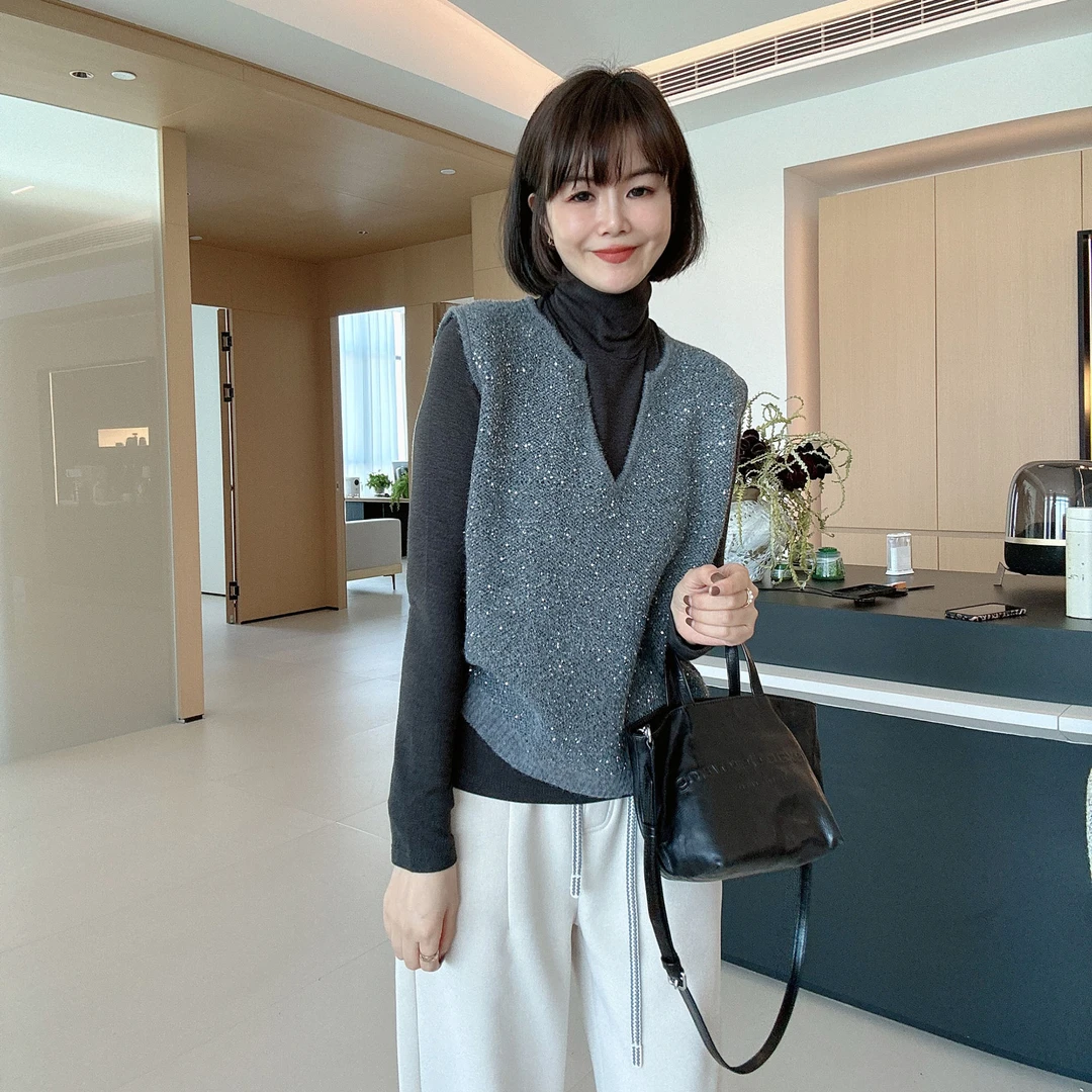 秋冬气质百搭亮片闪闪无袖跌穿时尚针织毛衣马甲