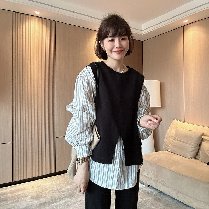 独特洋气不规则宽松别致假两件长袖衬衫