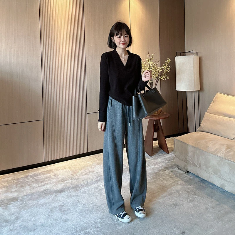 秋冬加厚松紧腰抽绳高腰宽松遮跨显瘦时尚休闲裤弯刀裤长裤