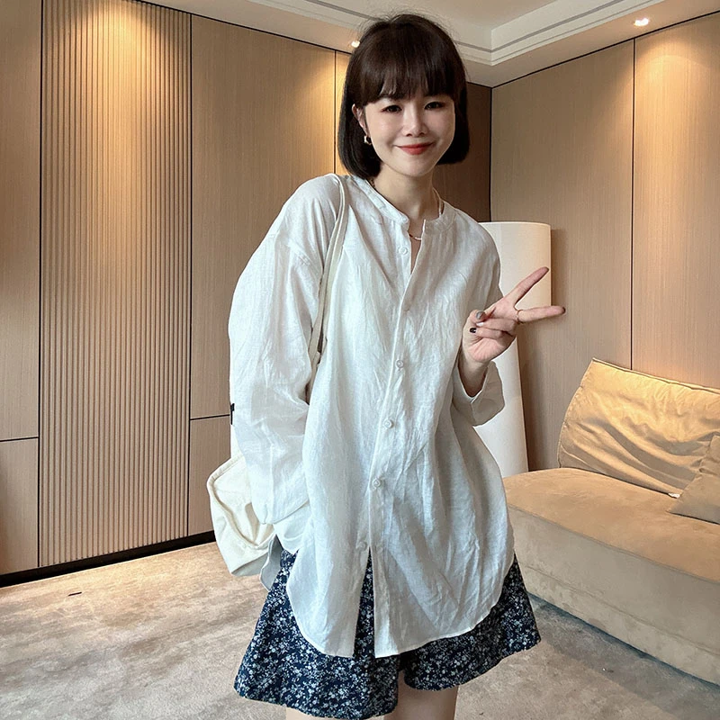 夏季宽松设计感薄款长袖苎麻衬衫宽松微透防嗮小众衬衣