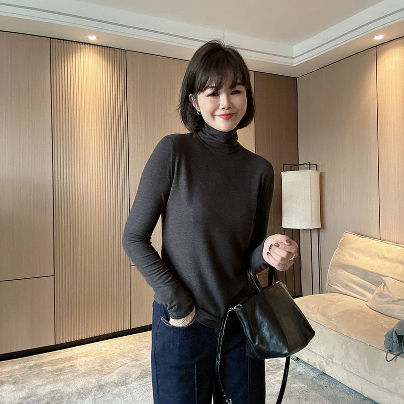 秋冬软糯亲肤堆堆领洋气百搭纯色长袖磨毛保暖T恤打底衫