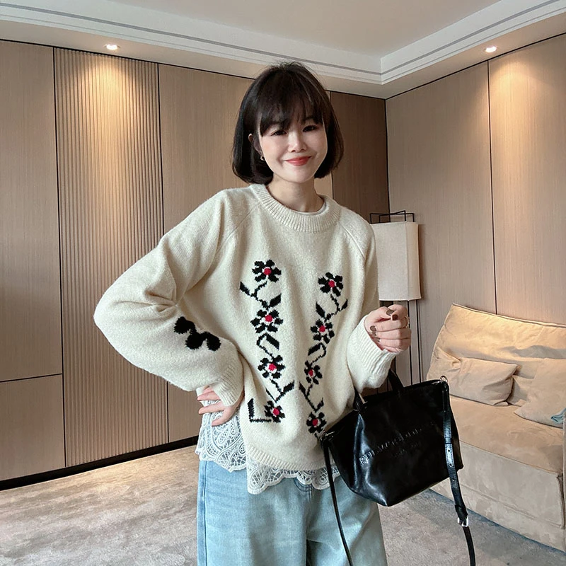 秋冬复古提花慵懒风软糯宽松显瘦圆领套头毛衣