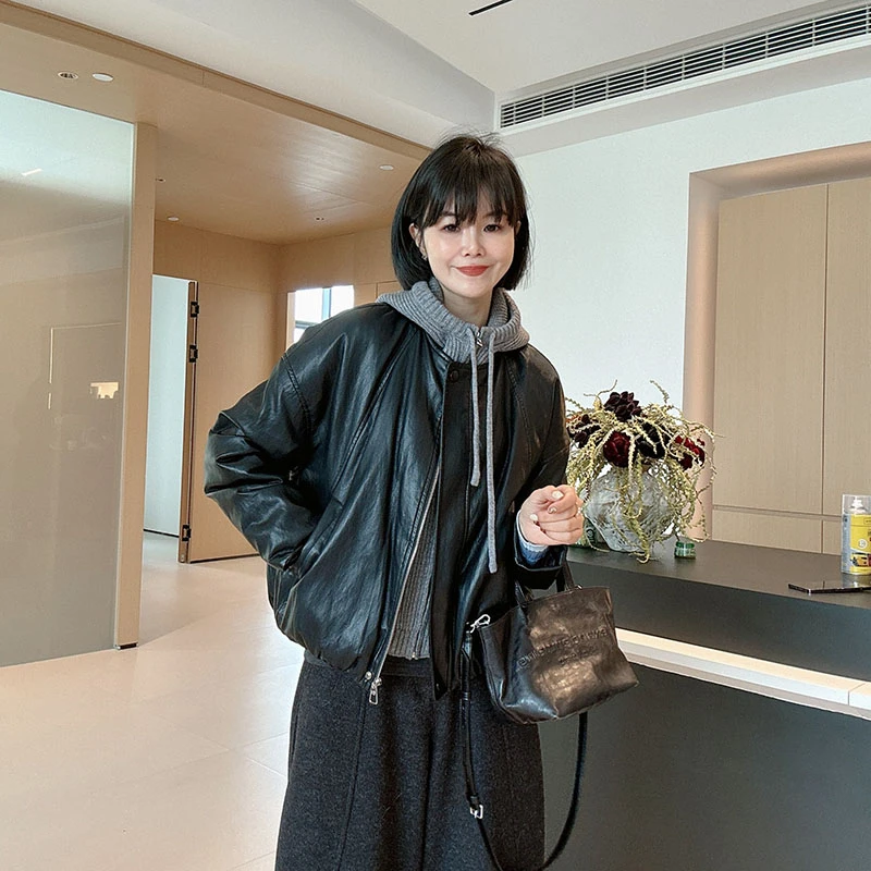 冬季保暖针织拼接假两件宽松百搭气质羽绒皮衣外套