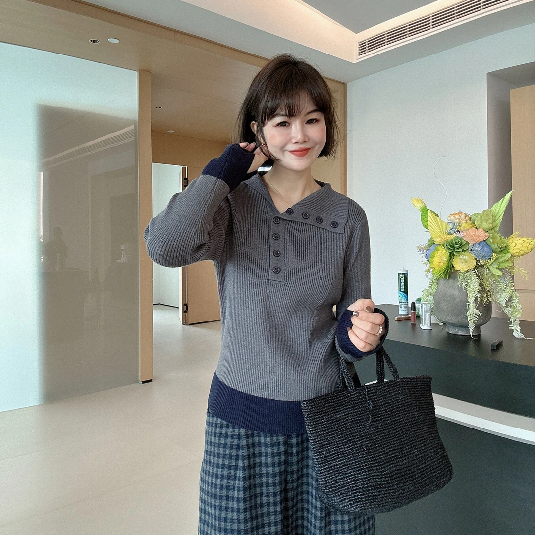 秋冬设计感时尚撞色纽扣不规则针织衫百搭打底衫