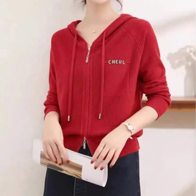 早秋新款时尚洋气休闲百搭显瘦慵懒风潮流韩版双拉链连帽针织开衫