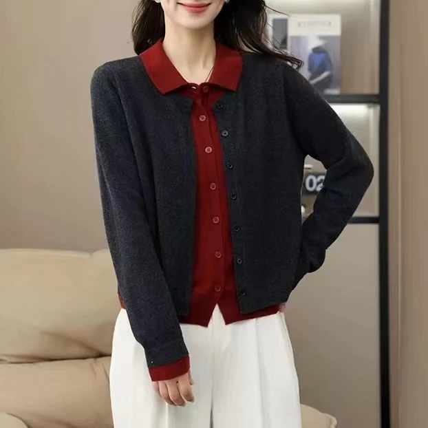 秋季假两件翻领针织衫女士上衣韩版网红款短款时尚百搭宽松气质