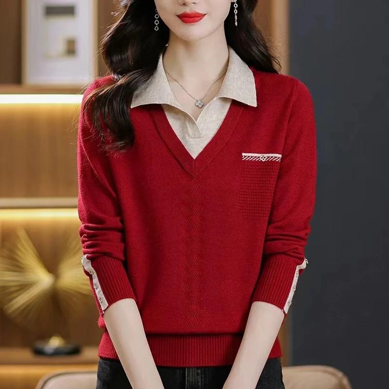 春秋新款假两件翻领针织衫时尚洋气显瘦百搭高级感假口袋妈妈装