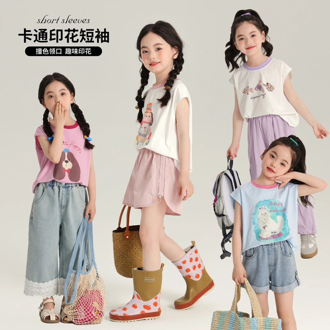 布丁哈鲁【就很行】2024夏季休闲女童小猫趣味背心T裙G42TM527