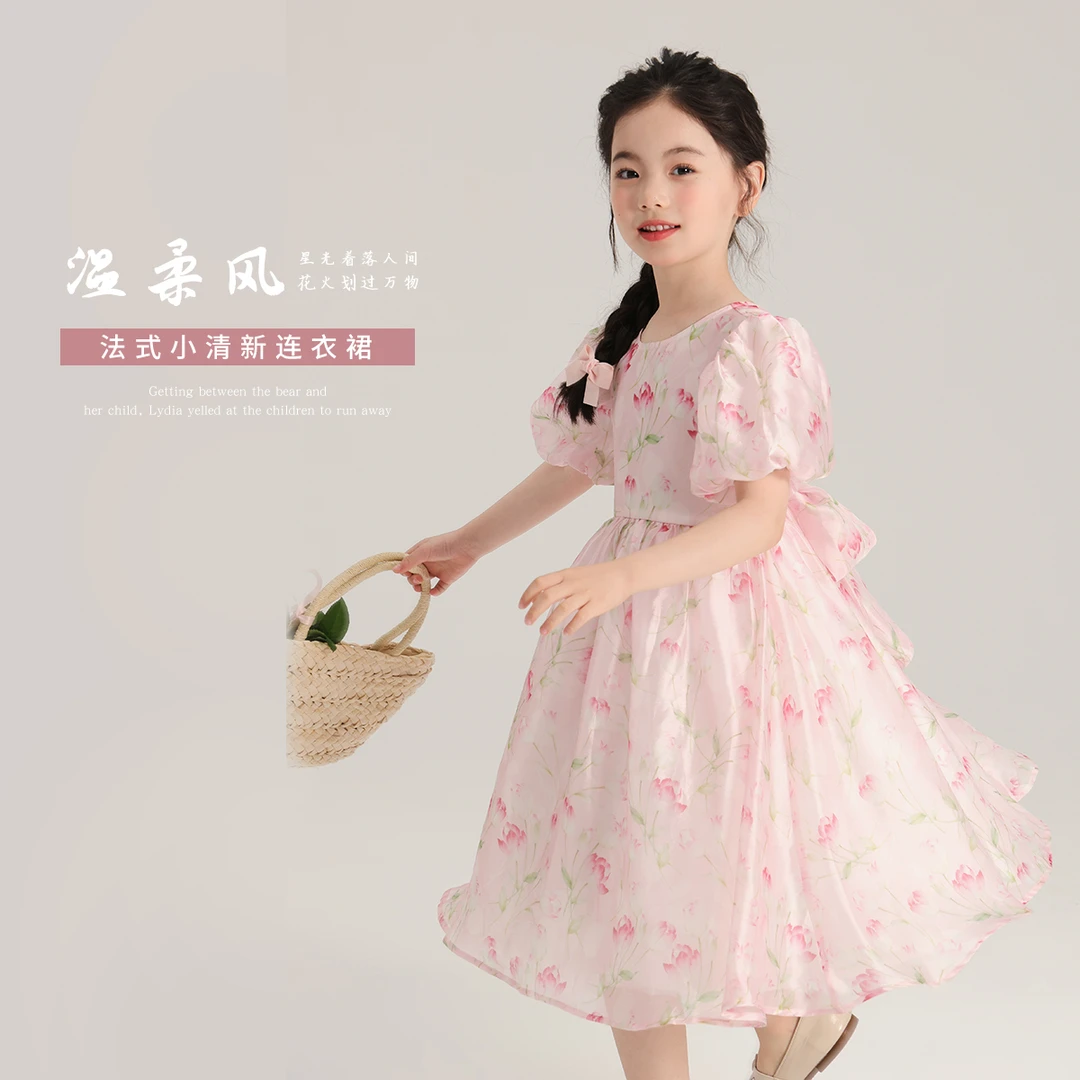 布丁哈鲁【夏已成花】2024夏季儿童泡泡袖法式花朵连衣裙G42DJ347