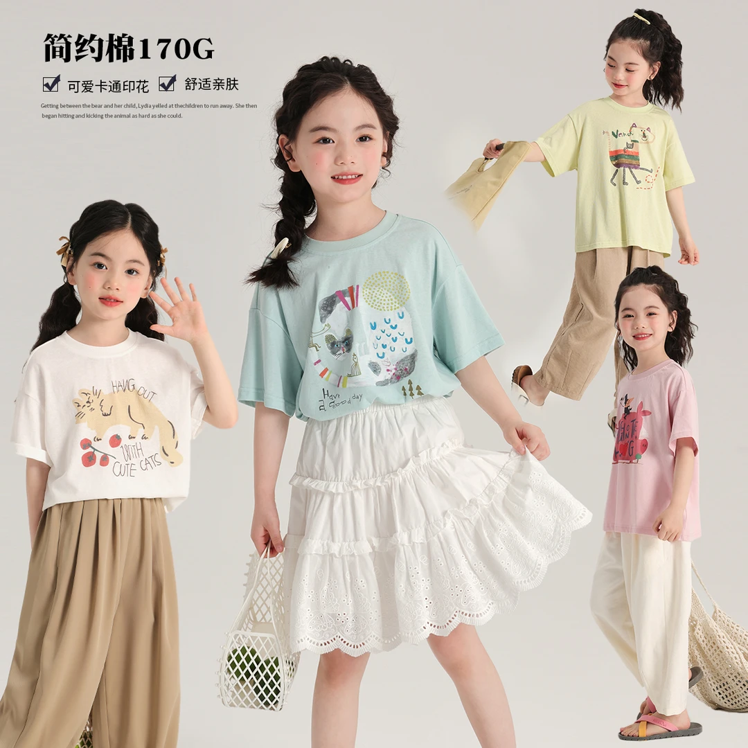 布丁哈鲁【插画猫咪】2024女童夏季女孩趣味卡通印花T恤 G42TT325