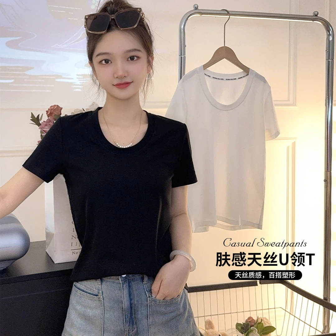 布丁哈鲁【肤感天丝】2024夏款女装女童U领休闲净色T恤M42TQ408