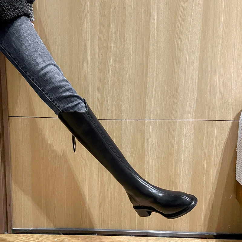 小个子粗跟尖头长筒靴2023秋冬新款高筒口瘦瘦靴子女百搭长靴女