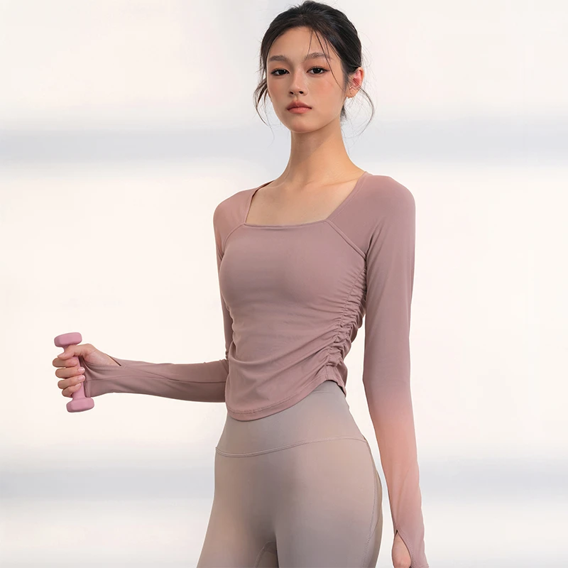 健身女孩含胸垫瑜伽服春季方领修身运动上衣普拉提训练健身服长袖