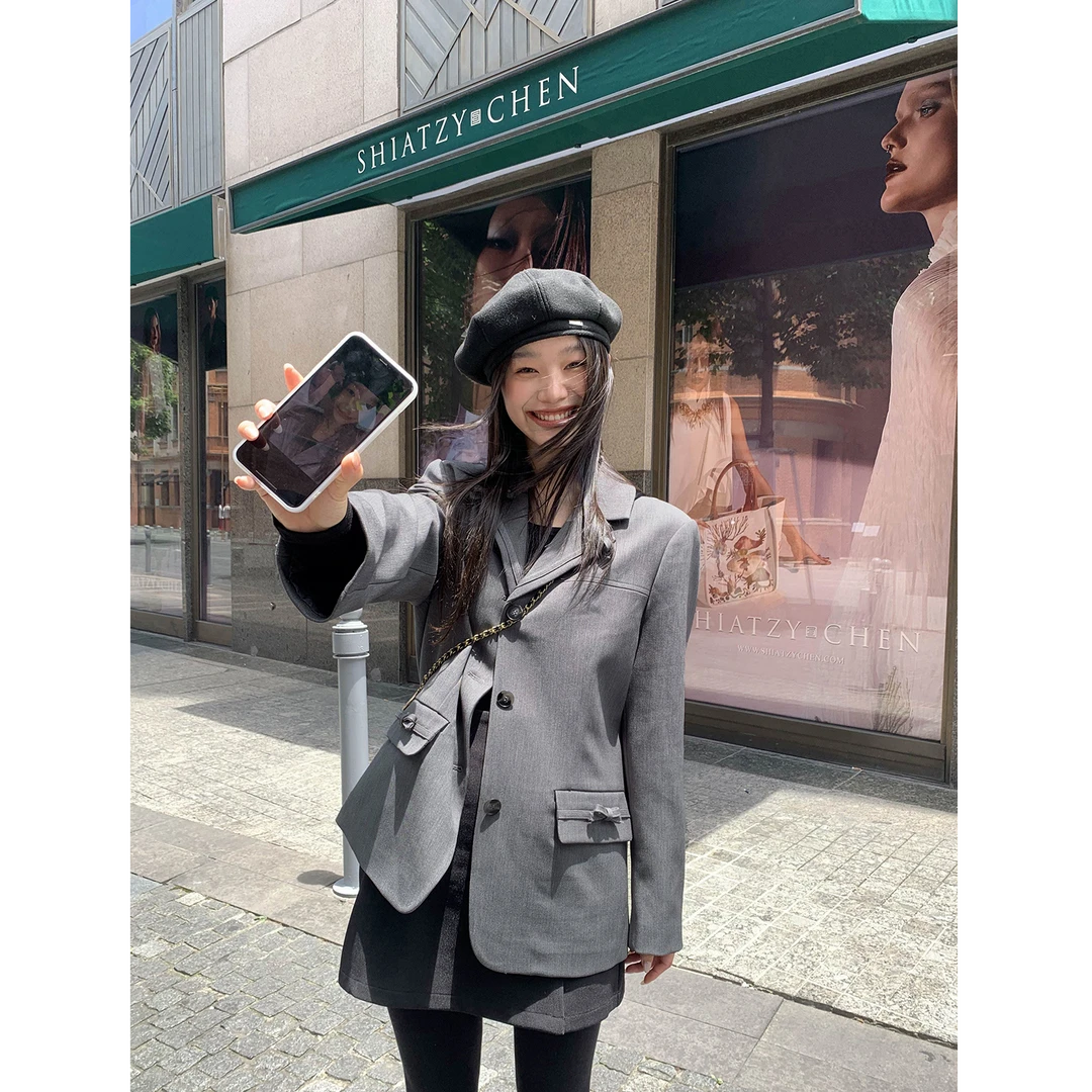 【你好卡农-蕾子】高智格雷系！蝴蝶结装饰休闲西装KX24Z4362G清清