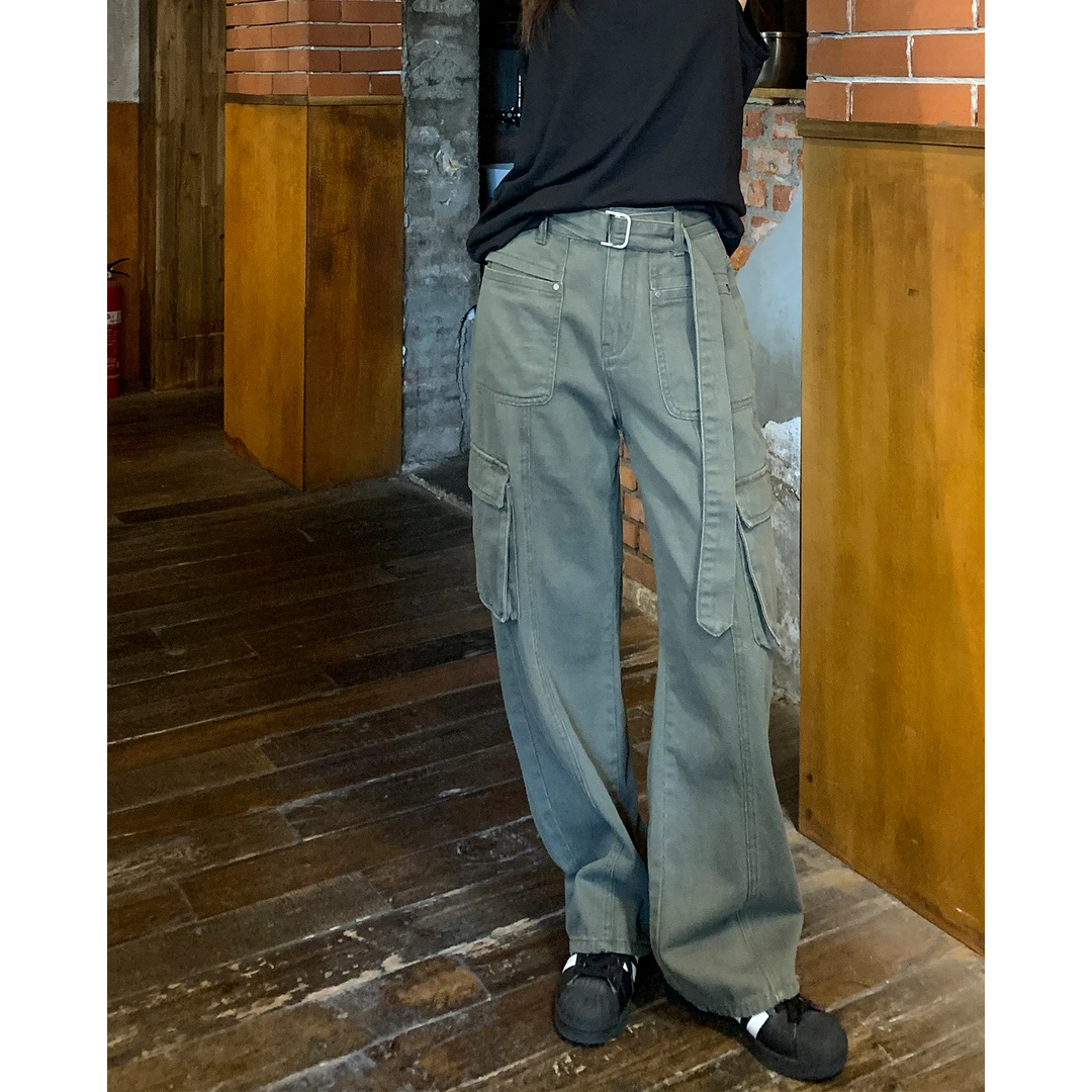 你好卡农 工装风牛仔裤女高腰宽松直筒拖地阔腿裤夏季KN23Z1405D