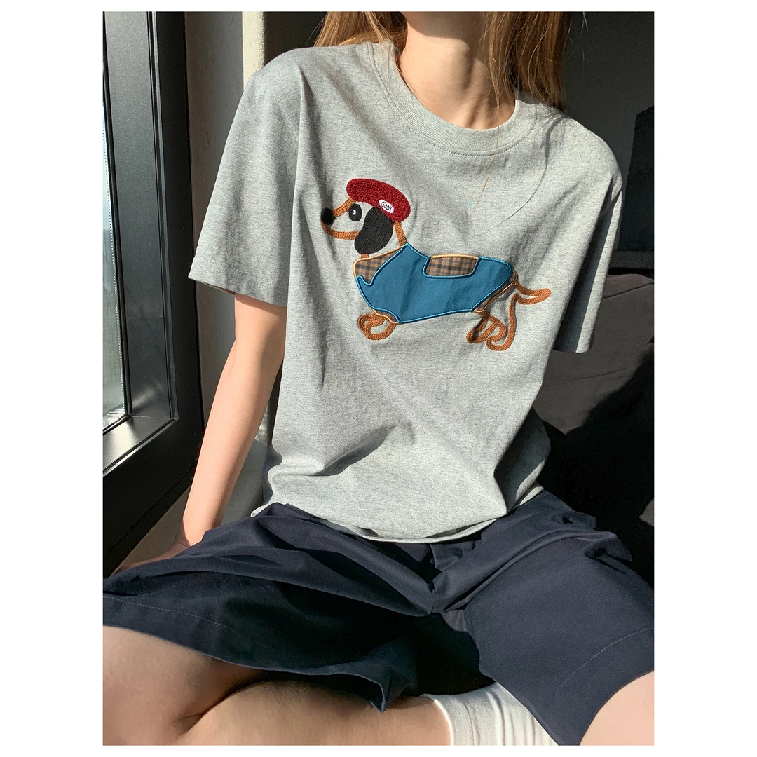 你好卡农 原创美式腊肠犬刺绣短袖t恤女夏季新款宽松显瘦纯棉上衣