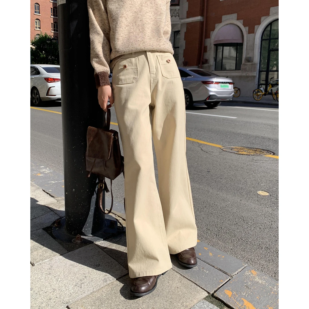 你好卡农 前贴口袋撞钉牛仔裤女设计感高腰宽松直筒裤KN23Z2148D