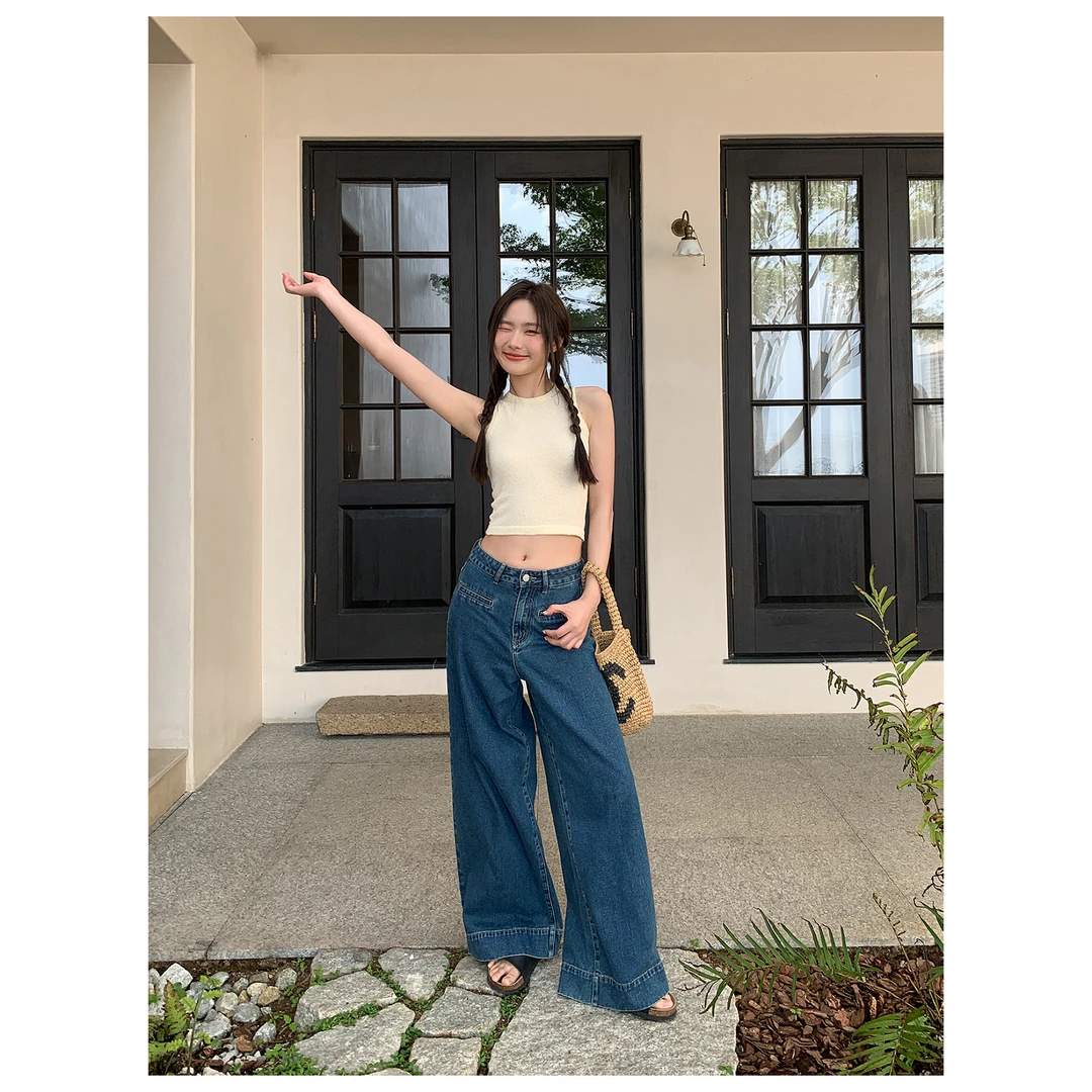 【你好卡农-蕾子】复古味街头！一字贴袋宽边直筒牛仔裤KN24Z3678D