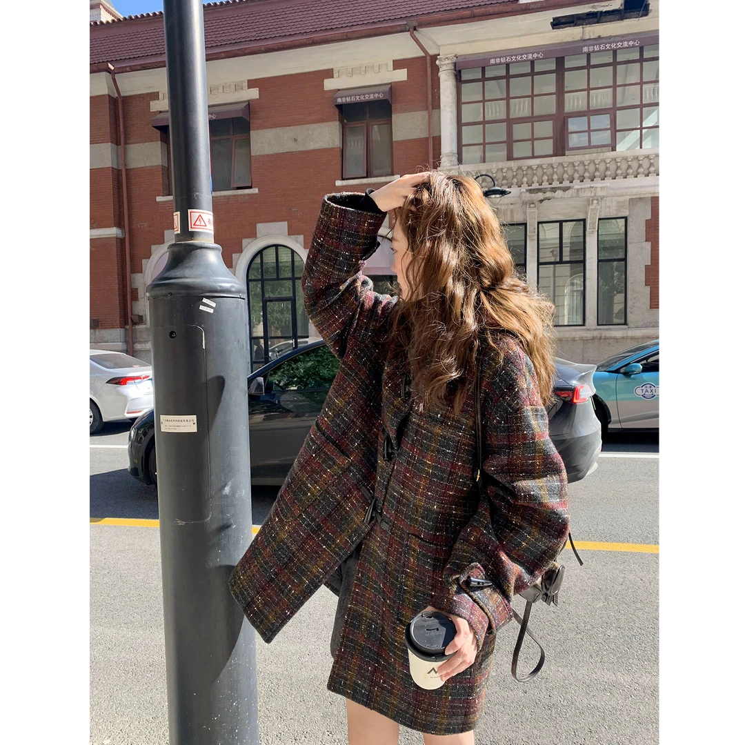 【你好卡农-蕾子】复古格纹秋冬宽松连帽中长款大衣KD23Z2015G