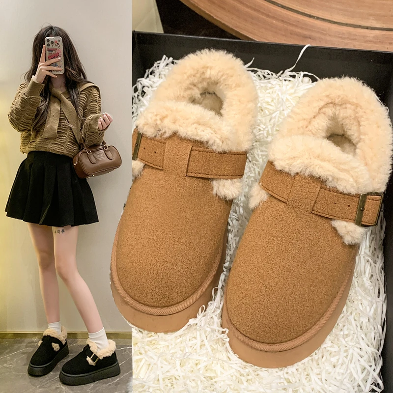雪地靴女款冬季2024新款厚底毛毛一脚蹬懒人面包女鞋加绒勃肯棉鞋