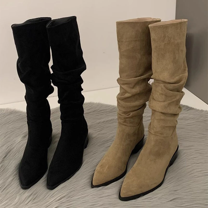 骑士靴女时尚复古绒面粗跟尖头高筒靴棕色褶皱堆堆欧美长筒靴鞋子