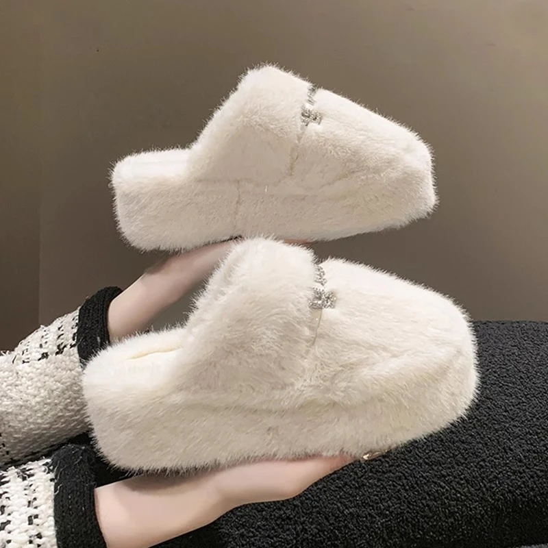毛绒包头半拖鞋女外穿厚底中跟增高棉拖毛毛鞋女秋冬棉鞋毛毛拖鞋