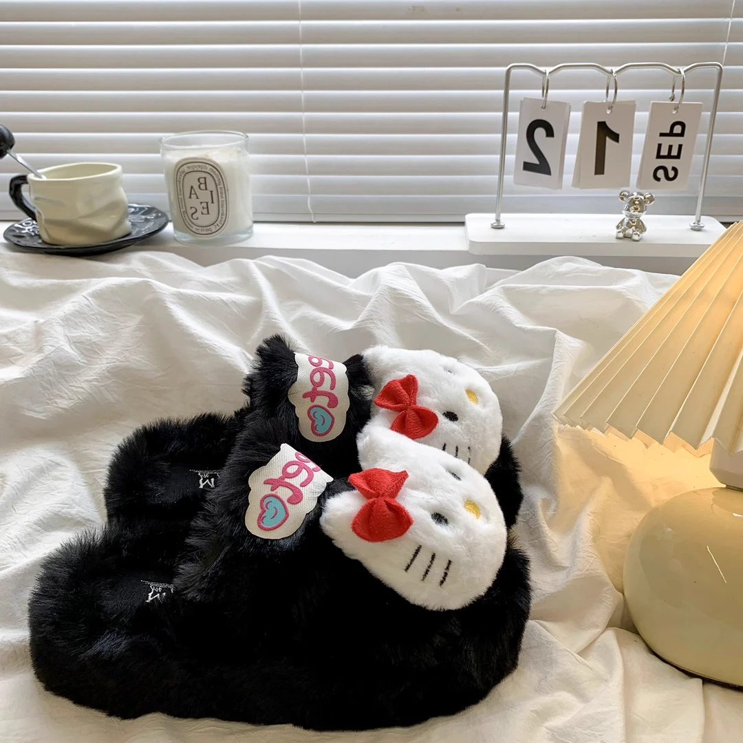 卡通可爱一字毛毛拖鞋女外穿2024秋冬新款增高厚底居家防滑棉拖鞋