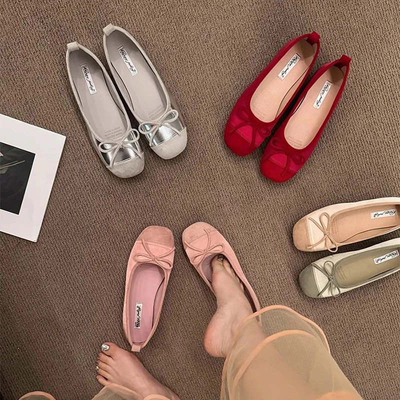温柔平底芭蕾舞鞋鞋子女2024新款爆款春季红色配裙子蝴蝶结晚晚鞋