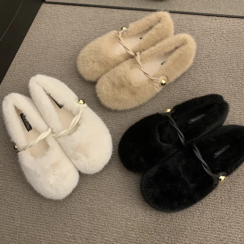 法式晚风温柔白色毛毛鞋小个子增高加绒单鞋女鞋外穿保暖棉鞋瓢鞋