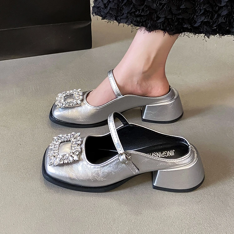 气质水钻法式包头凉鞋晚风百搭粗跟单鞋凉拖女鞋2025春新款晚晚鞋