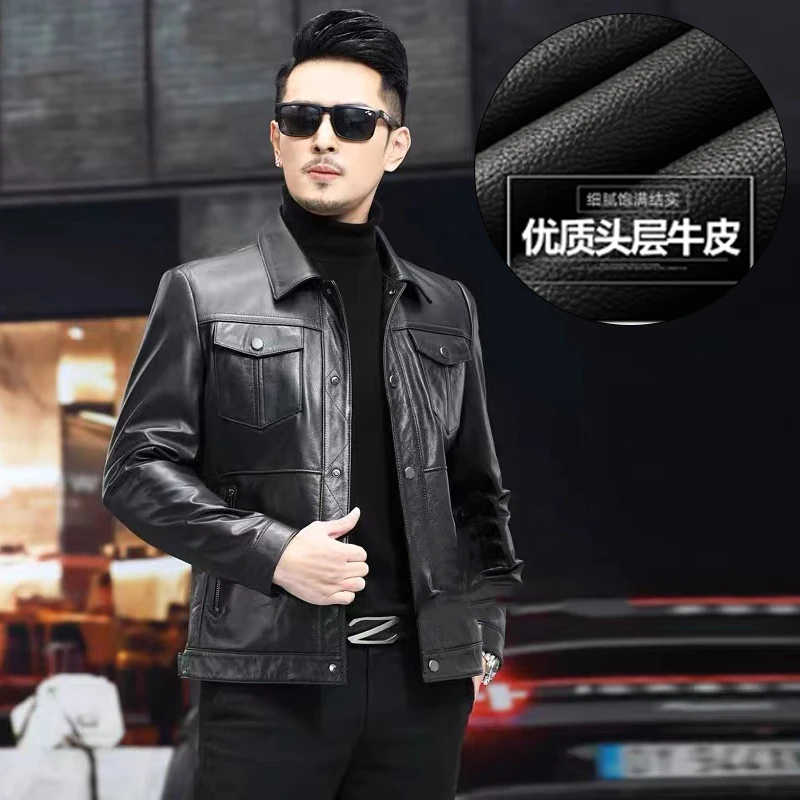 海宁男士真皮皮衣优质头层牛皮黑色时尚翻领休闲百搭修身春秋短款