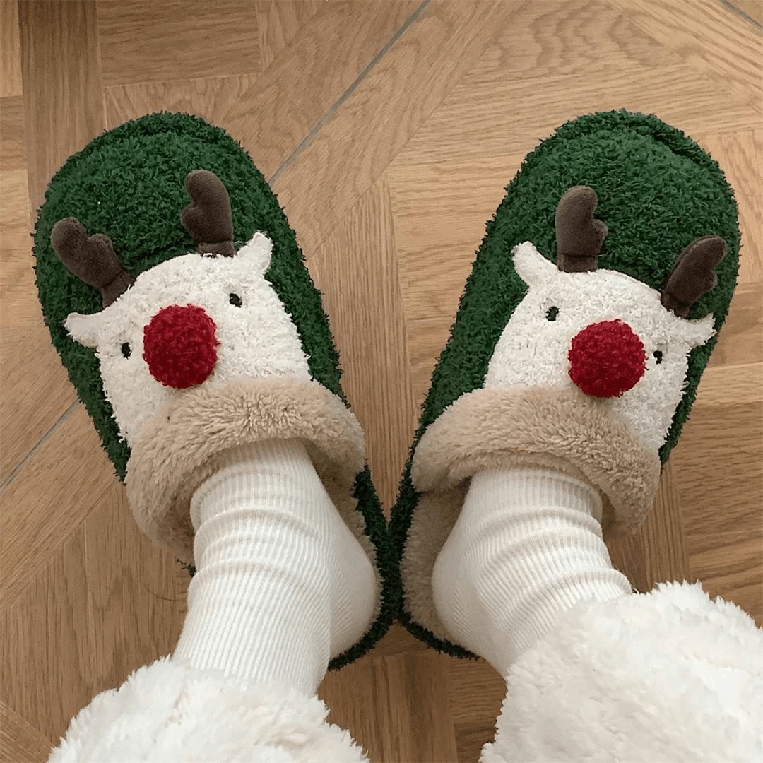 可爱圣诞麋鹿棉拖鞋女冬ins时尚居家防滑情侣毛绒绒棉鞋男学生